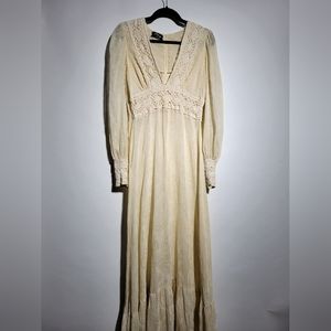 Vintage Gunne Sax Sheer Cotton Voile Low Cut Vneck Maxi Dress Black Label